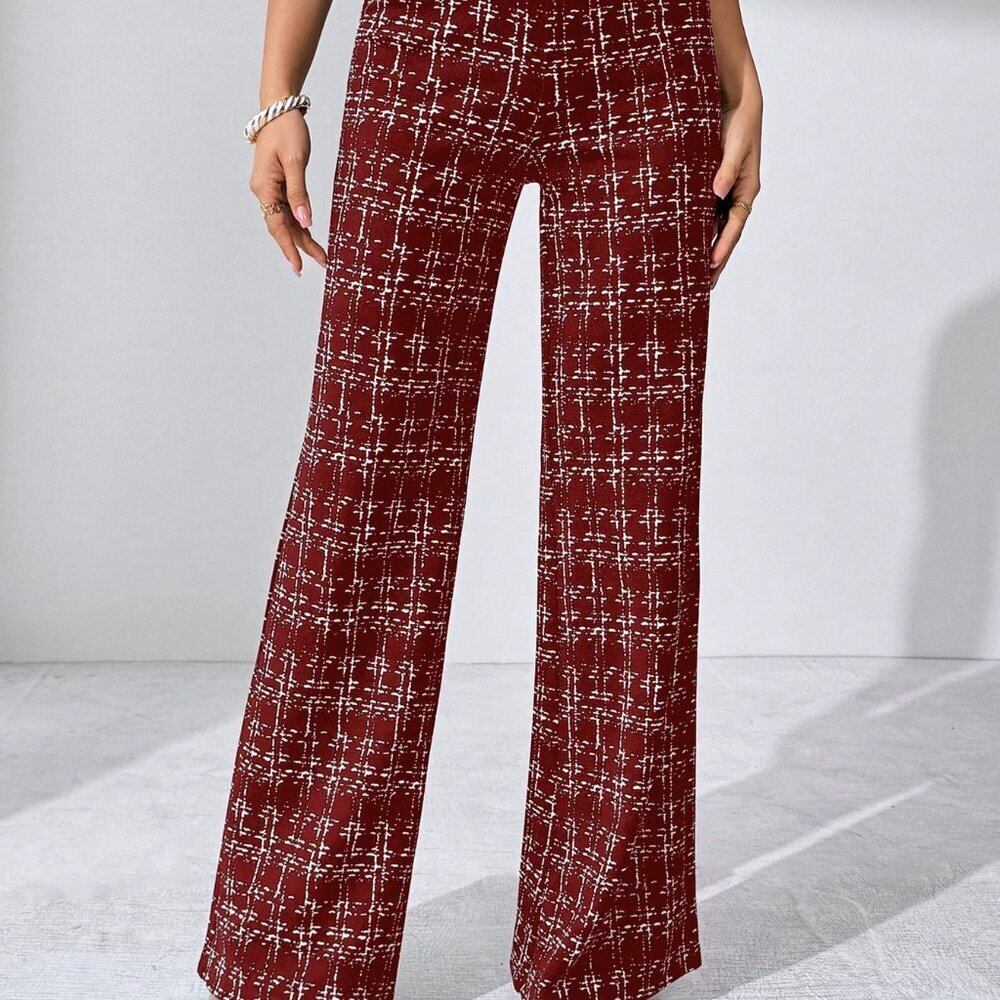 Burgundy Elegant Women's Plaid Knitted Pants - Picture 3 of 6